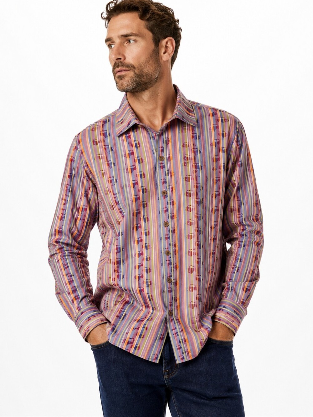 Robert Graham Exclusive Multicolor Striped Car Print Button Down Shirt Men's 2XL